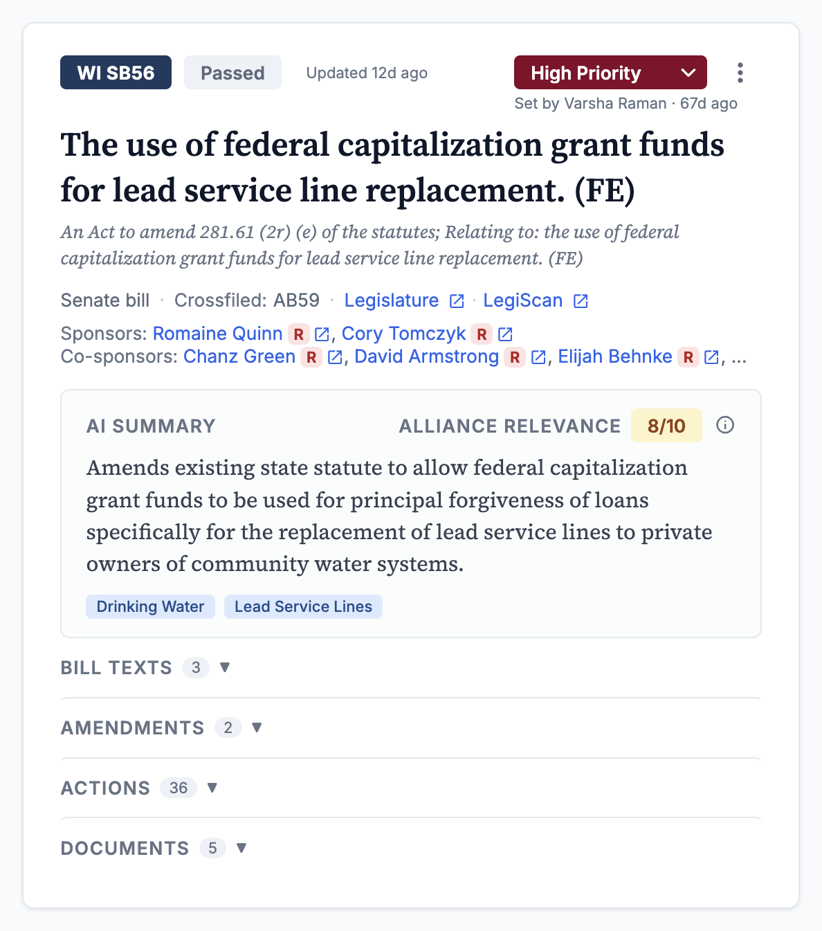 A bill's detail page in FloorVote with an AI-generated plain-language summary and a relevance score.