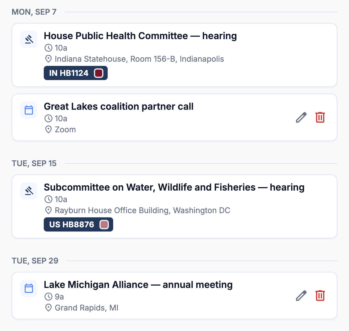 The FloorVote calendar, showing upcoming committee hearings and testimony deadlines.