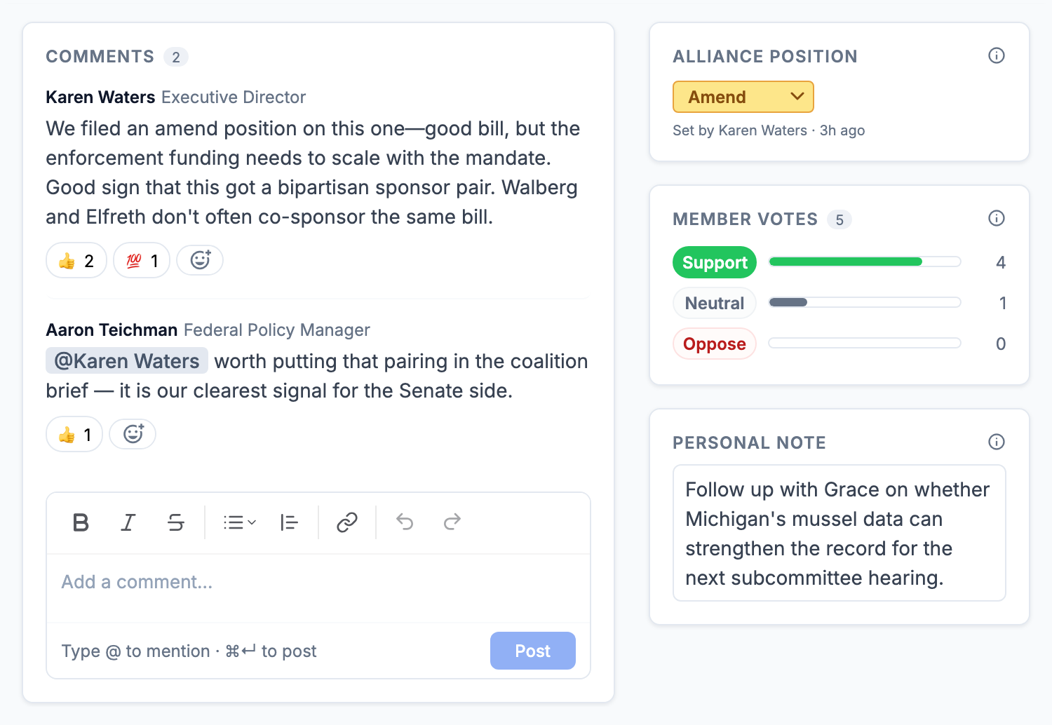 A bill's member votes, the team's official position, and member comments in FloorVote.