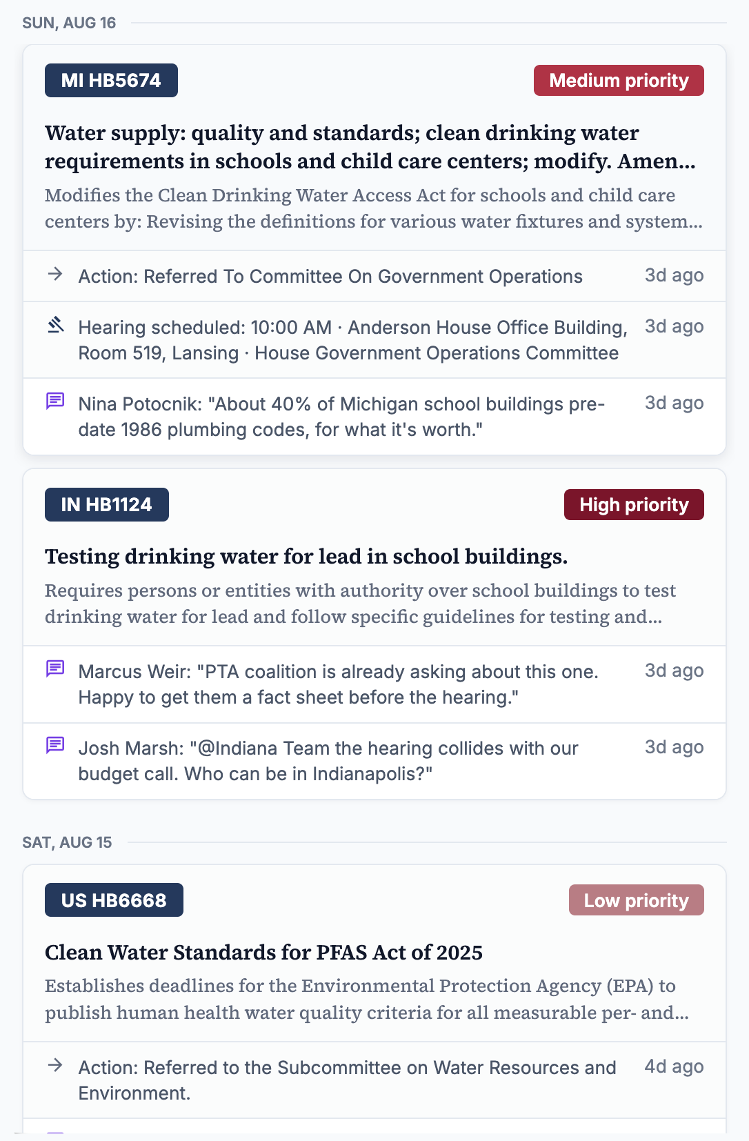 The FloorVote activity feed, showing new bills, status changes, votes, and comments.
